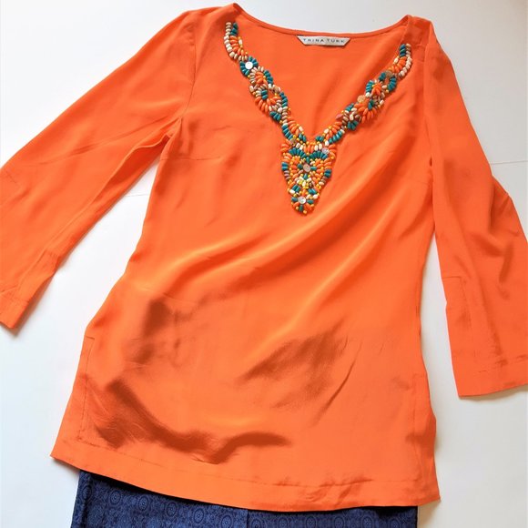 👚Trina Turk  100% Silk Orange Beaded V Neck Tunic Top Blouse - Picture 2 of 14